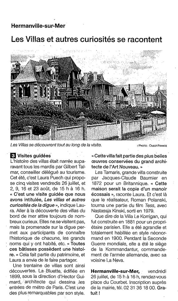 article Ouest France juillet 2019 - visites guidées villas - Musartdit